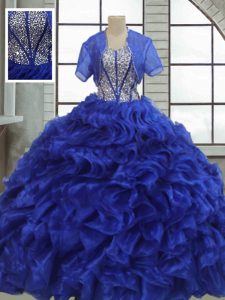 azul real atan para arriba el amor rebordea el vestido de bola vestido del baile de organza mangas cortas