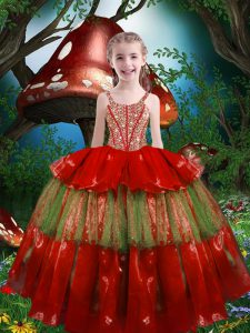 el organza sin mangas rojo ata para arriba venta al por mayor del vestido del desfile de las niñas para el quinceanera y la banquete de boda
