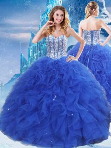 Los vestidos superventas del dulce 16 del vestido del quinceanera del amor del azul real rebordean la longitud sin mangas del piso del organza para arriba