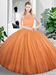 naranja cremallera dulce 16 vestidos de encaje y arrugando la longitud del piso sin mangas