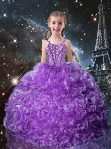 Asequible berenjena púrpura vestidos de bola correas longitud sin mangas del piso del organza atan para arriba rebordear y volantes vestidos del desfile de las muchachas
