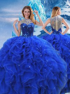 vestidos de bola azul royal organza cucharada sin mangas volantes y lentejuelas longitud de piso cremallera vestido de cumpleaños 15