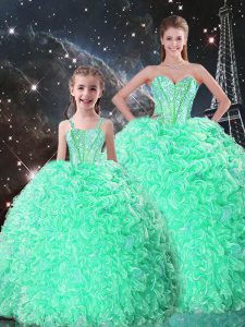 manzana verde vestido de novia sin mangas sin mangas rebordear y volantes piso longitud cordón dulce 16 vestido de quinceañera