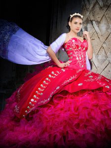 El tren sin mangas del cepillo del organza estupendo del tren ata para arriba el bordado y el vestido del baile de fin de curso del vestido de bola de las colmenas en color de rosa caliente