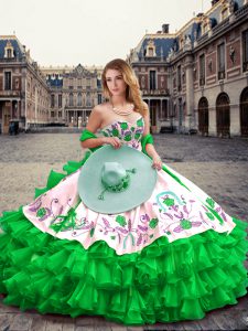 bordados de vestidos de bola verdes y capas volantes dulce 16 vestido ata hasta organza y longitud de piso sin mangas de tafetán