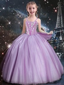 los vestidos de bola de la lila que rebordean el vestido del desfile de la niña atan para arriba la longitud sin mangas del piso de Tulle