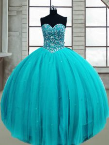 longitud del piso aqua azul vestido de baile vestido de fiesta tul sin mangas beading