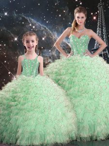 Beading dramático y volantes dulces 16 vestidos manzana verde hasta la longitud sin mangas piso
