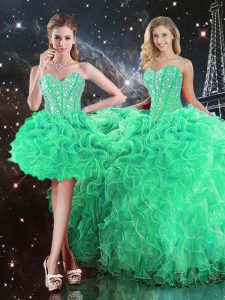 organza verde encaje hasta 15 vestido de quinceañera sin mangas de longitud de piso perlas y volantes