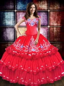 Moda vestidos de fiesta vestidos de quinceañera rojo coral de la longitud del piso sin mangas de tafetán hombro hasta