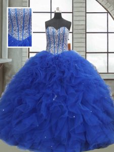 De lujo de color azul royal quinceanera vestido militar de pelota y dulce 16 y quinceanera con rebordear y volantes y lentejuelas sin mangas de encaje sin mangas