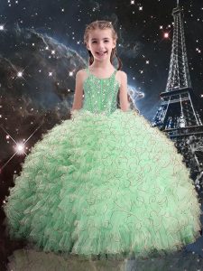 Deslumbrante verde manzana longitud sin mangas de piso perlas y volantes de encaje hasta poco vestido de desfile de niña