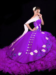 los vestidos de bola sin mangas de la berenjena vestido púrpura del vestido de bola del baile de fin de curso cepillan el tren atan para arriba