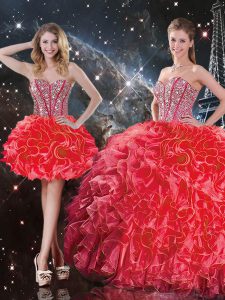 Niza coral rojo ata hasta dulces 16 vestidos rebordeando y volantes longitud sin mangas del piso