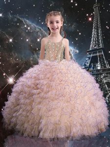 los vestidos de bola de la longitud del piso sin mangas rosados ​​de la venta al por mayor del vestido del desfile de las niñas atan para arriba