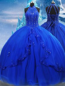 Ajustar los vestidos de bola del azul real que rebordean y ruffles el vestido del 15to cumpleaños ata para arriba Tulle sin mangas