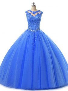 Excepcionales vestidos de bola azules con cuentas y encaje vestido de quinceañera con cordones de tul sin mangas