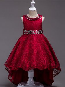 Boda roja de alta calidad del cordón con cordones que rebordea el vestido del desfile de las niñas sin mangas