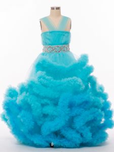 longitud del piso bebé azul niños vestido del concurso tul sin mangas rebordear y flor hecha a mano