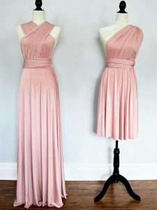 Moda rosa imperio gasa sin espalda top sin mangas fruncido longitud del piso con cordones vestido de damas de honor