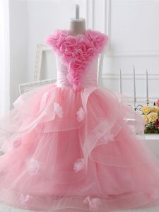 volantes y hechos a mano de la flor de la niña vestidos del desfile bebé rosa cremallera sin mangas longitud del piso