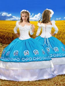 azul y blanco 3 4 longitud de la manga bordado y volantes vestidos de desfile de longitud del piso para niñas