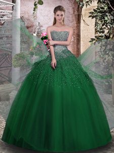Extravagante vestido sin mangas de color verde oscuro sin mangas rebordear encaje vestido de quinceañera