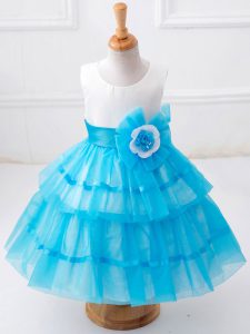 té azul sin mangas capas de volantes de longitud de té y cremallera de flores hechas a mano niñas pequeñas vestidos del desfile