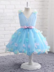 Vestidos de organza de moda sin mangas de organza con cremallera hasta la rodilla para niñas en azul bebé con apliques y flores hechas a mano