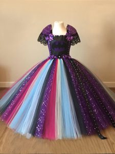 vestidos de baile multicolor tul de manga corta lentejuelas y patrón de vestidos de desfile de cremallera de longitud del piso para niñas