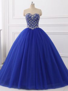 Fantástico vestido de quinceañera con cuentas azul real con cordones hasta el suelo sin mangas