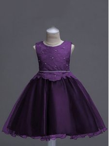 Cremallera de organza violeta oscuro vestidos de desfile de niña vestidos de encaje sin mangas hasta la rodilla