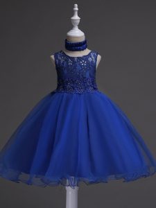 Cremallera hasta la rodilla perfecta vestido de niñas vestido azul real para la fiesta de bodas con abalorios y encaje