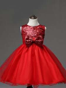 cremallera de tul rojo vestido de niñas pequeñas lentejuelas y bowknot longitud sin mangas té