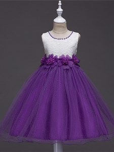 encaje y flores hechas a mano niña desfile vestido púrpura cremallera sin mangas hasta la rodilla