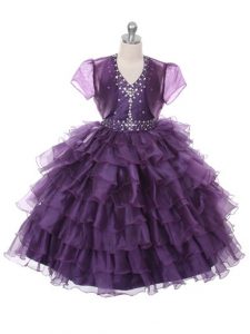 Beauteous purple organza lace up halter top sin mangas piso longitud niño vestido con volantes capas