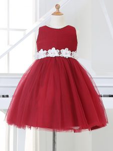 vestidos de desfile de niña de cremallera de tul rojo vino sin mangas para la fiesta de bodas