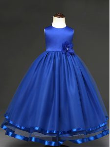 vestidos de bola azul real cucharada de tul sin mangas hecho a mano flor piso longitud cremallera niñas vestidos del desfile