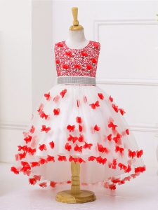 Boda del vestido del desfile infantil blanco y rojo único con apliques y lentejuelas sin mangas con cremallera