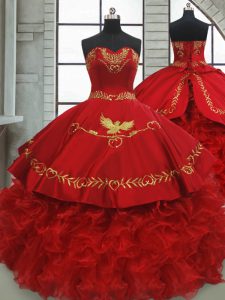 Bordado y bordado vintage y volantes dulces 16 vestido de encaje rojo con cordones tren sin mangas