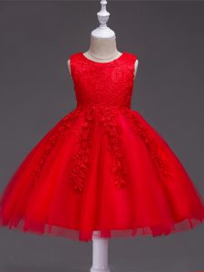 Excelentes vestidos de bola roja apliques vestido de niña vestido cremallera tul sin mangas hasta la rodilla