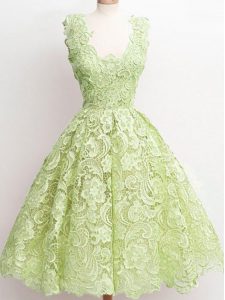 Bonitas correas de cremallera de color verde amarillo de encaje vestido de novia de encaje sin mangas