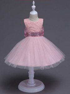 Fantástico baby pink cremallera scoop de encaje y bowknot niñas vestido de gala sin mangas