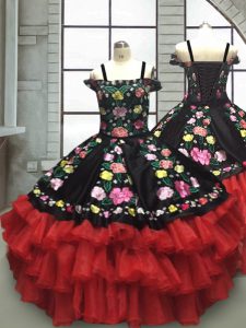 vestidos de baile de longitud del piso vestidos de desfile de niña pequeña rojo y negro sin mangas con cordones