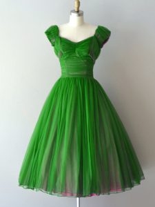 V-cuello verde hecho a la medida con cordones ruching boda invitado vestidos mangas casquillo