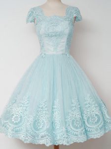 hasta la rodilla a-line cap sleeves aqua blue bridesmaid dress cremallera