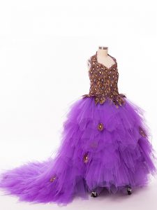 Vestido clásico de berenjena violeta infantil vestido de tul tren de corte sin mangas volantes