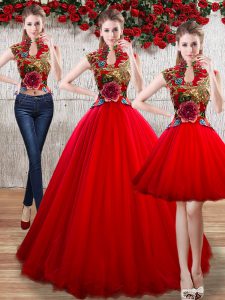 vestido de baile de encaje rojo vestido de fiesta apliques sin mangas piso de longitud