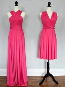 vestido de dama de honor ruching imperio rosa caliente encaje hasta gasa sin mangas longitud del piso