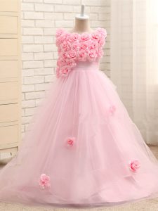 cremallera niñas vestido del desfile al por mayor rosa bebé para el banquete de boda con tren de flores cepillo hecho a mano